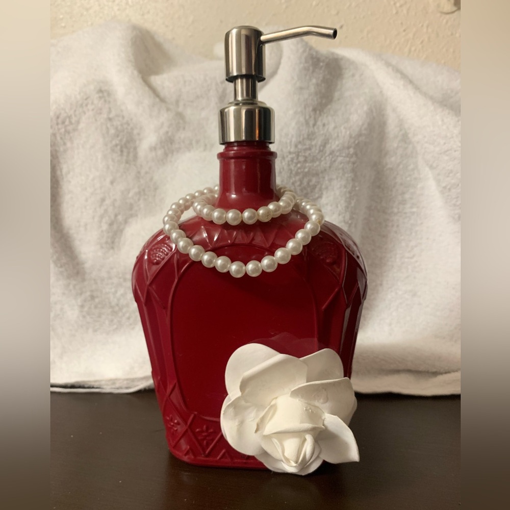 Elegant Red Soap Dispenser with Pearl Accent